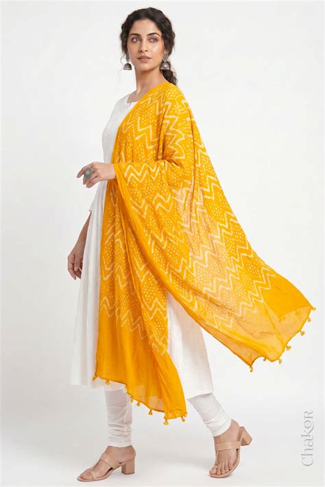 Yellow Bandhani Mulmul Cotton Women's Dupatta | Kutch Tie-Dye | CHAKOR ...