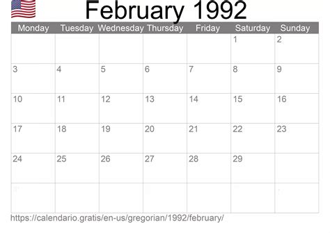Calendar February 1992 from United States of America in English ...