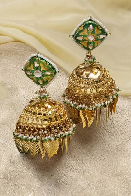 Buy Cream Pearls, Stones, Embroidery Leaf Embellished Jhumkas by Dugran ...