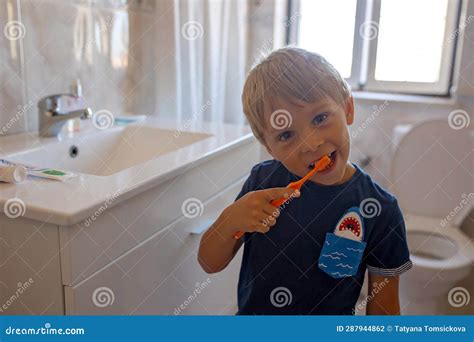 Cute Child, Brushing Teeth in the Bathroom in the Morning Stock Photo ...