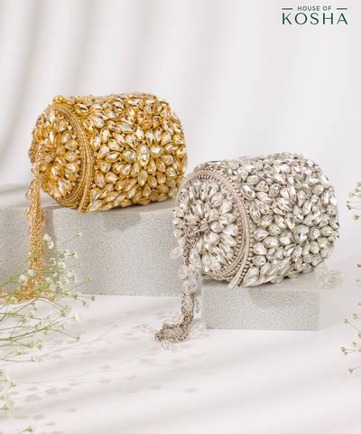 Mia Gold Georgette Embellished Mini Cylinder Bag – House of Kosha