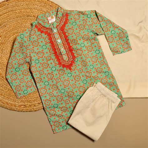 Printed Cotton Kurta Set with Thread and Gota Embroidery – CuddlesClothing