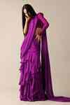Buy Purple Net, Chiffon Turtle Neck Carey Ruffle Pre-draped Saree With ...