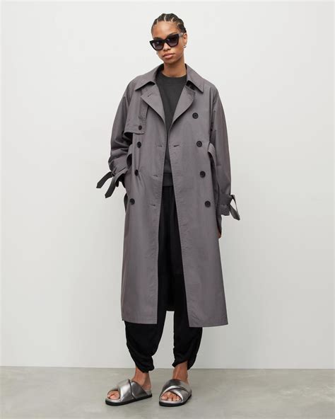 AllSaints Elltee Double Breasted Trench Coat in Gray | Lyst