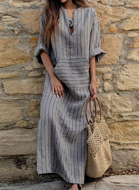 Long Sleeve V Neck Linen Cotton Loose Striped Long Maxi Dress ...