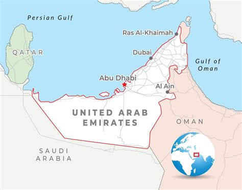 United Arab Emirates map with capital Abu Dhabi, most important cities and national borders ...