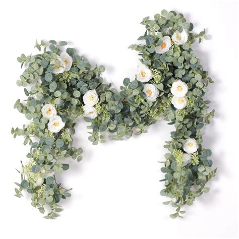 Buy PARTY JOY 6.56ft Eucalyptus Garland with Flowers-8 White Roses ...