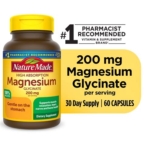 Nature Made Magnesium Glycinate 200 mg per serving is a 100% chelated ...