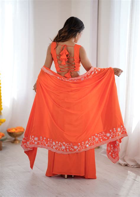 Festive Special Orange French Crepe Thread & Sequence Work Western Dho ...