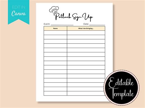Potluck Sign up Sheet for Events, Food Sign up Sheet, Printable Sign up ...