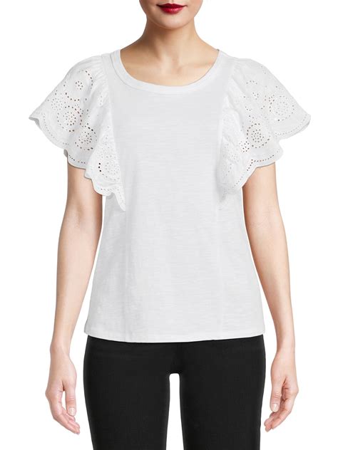 Time and Tru Womens Eyelet Flutter Sleeve Top India | Ubuy