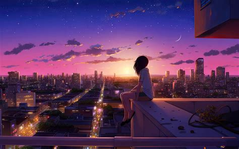 Girl sitting city top in front of sunset 4K wallpaper download