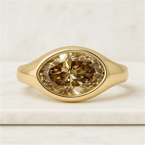 Olive Color Oval Cut Lab Grown Diamond Bezel Set Engagement Ring ...