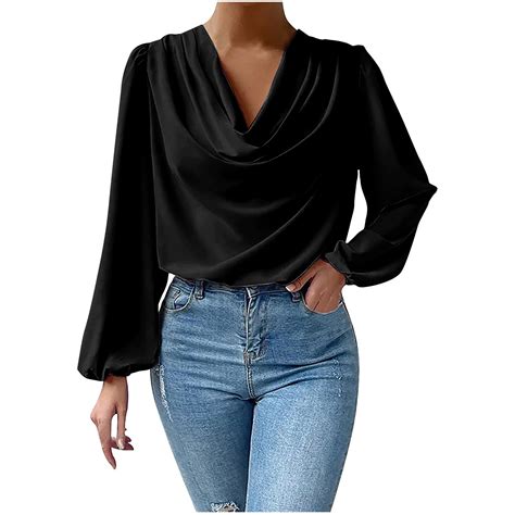 XFLWAM Cowl Neck Ruched Tops for Women Elegant Satin Silky Draped ...