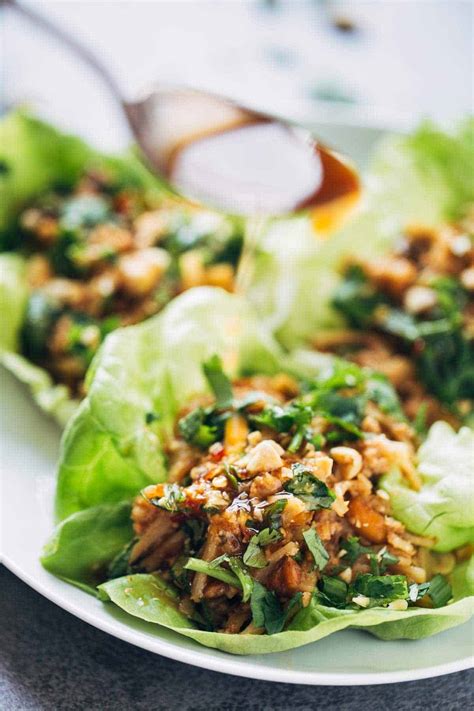 Peanut Chicken Lettuce Wraps with Ginger Garlic Sauce Recipe - Pinch of Yum