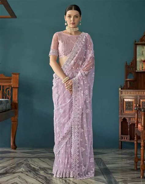 Lavender Netted Saree with Floral Embroidery Work – South India ...