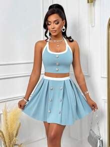 Women's Sports Chic Contrast Binding Button Detail Halter Neck Crop Top ...
