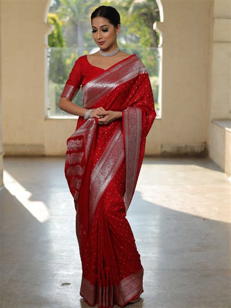 Banarasee Handwoven Faux Georgette Saree With Silver Zari Buti Design-