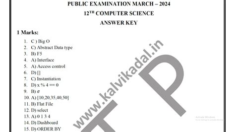 12th Computer Science Public Exam Answer Key EM 2024 | Kalvi Kadal ...