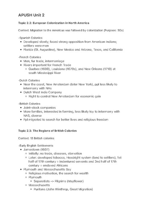 Apush Unit 2 - APUSH Unit 2 Topic 2: European Colonization - Studocu