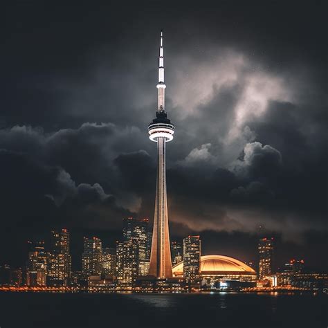 The cn tower of toronto amid a dark cloud of night | Premium AI ...
