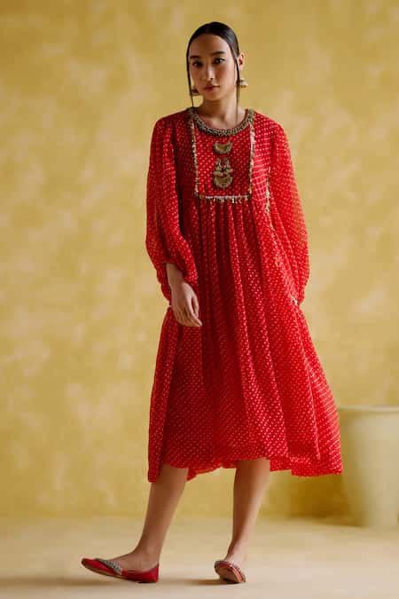 Buy Red Sequins Round Neck Cronus Printed Midi Dress For Women by ...