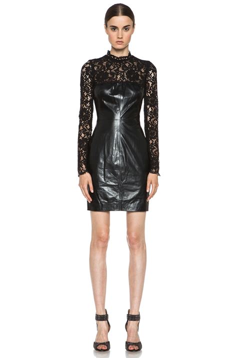 Valentino Garavani Leather with Chantilly Lace Dress in Black | FWRD
