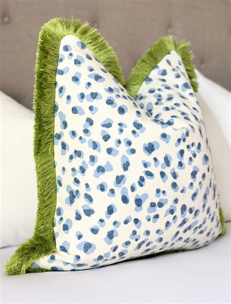 Blue Leopard Throw Pillow Cover With Green Brushed Fringe Detail ...