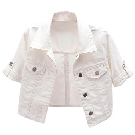 Qucoqpe Women Short Sleeve White Denim Jacket, Cropped Button Down Jean ...
