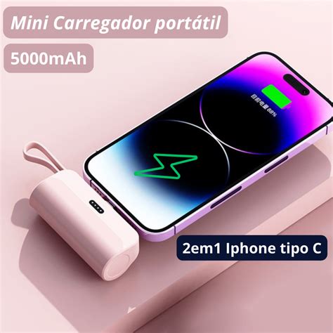 Mini Power Bank 5000mAh Bateria Auxiliar Sem Fio 2em1 Carregador ...