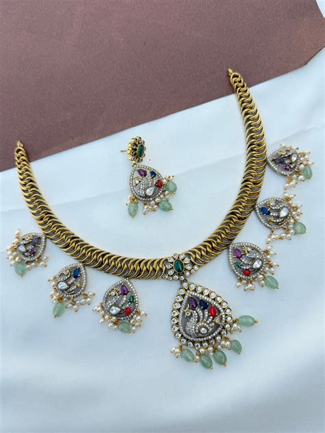 Ns587 navarathan jalebi peacock neckset – yuvicollections.com