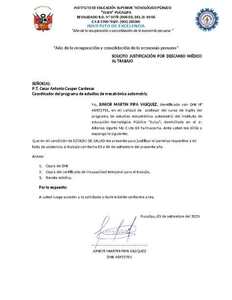 Justificación Médica para Permiso de Ausencia - Curso de Inglés - Studocu