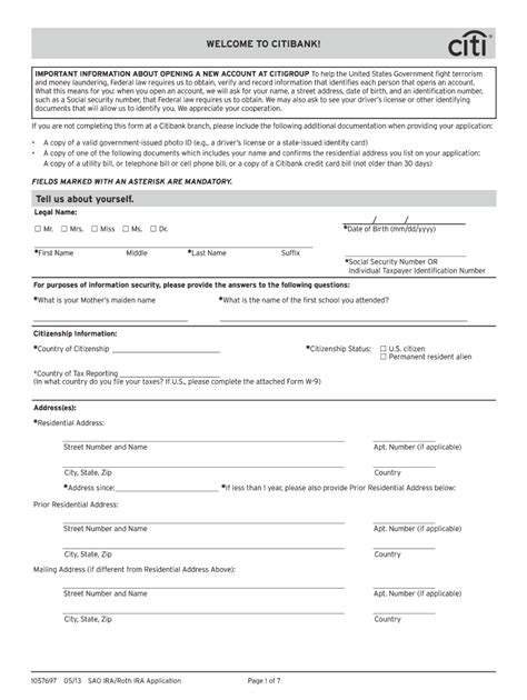 Citibank IRA/Roth IRA Application - Blank Fillable Template | Fill Out ...