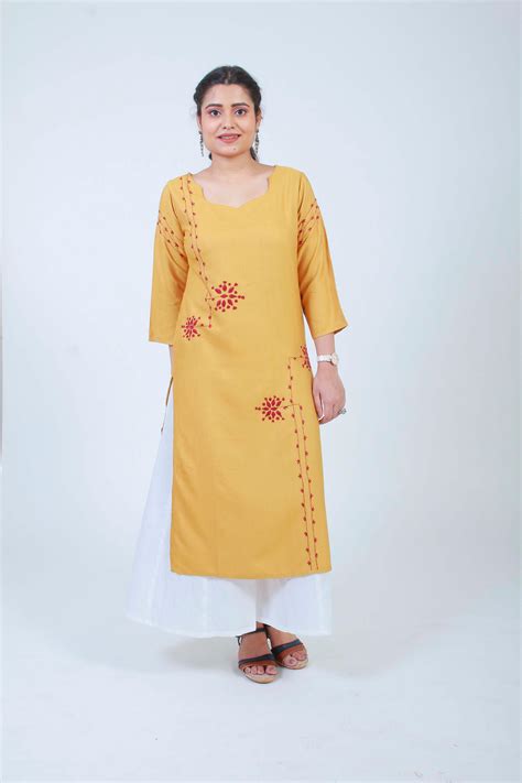 Urmul Barkat Yellow Hand Embroidered Ochre Cotton Silk Kurta Online ...