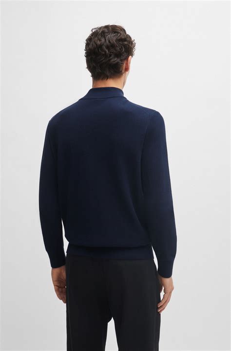 BOSS - Quarter-zip cotton sweater with knitted structure - Dark Blue