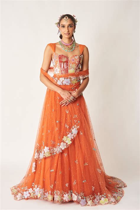 Buy Azalée Orange Tulle Saree Lehenga Set Online | Aisha Rao