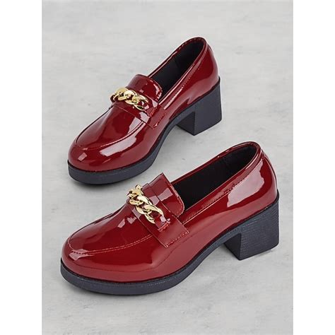 Women's Wine Red Patent Leather Loafers - Chunky Heel with Metal Chain ...