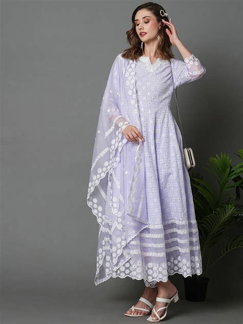 Lilac Empire Chikankari Pure Cotton Kurta Set with Dupatta – Heeposh