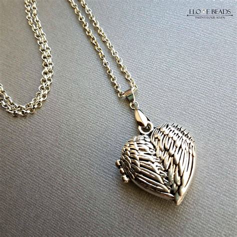 Silver angel wing locket necklace with magnetized locket closure//angel wing locket in silver ...