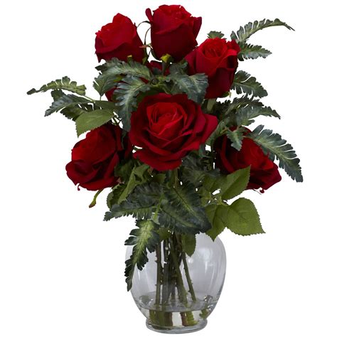 Nearly Natural Red Rose & Fern Silk Flower Arrangement in Vase & Faux ...
