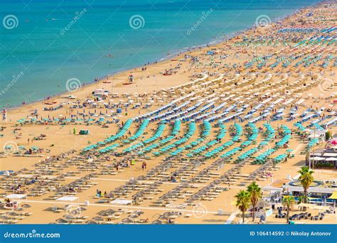 Aerial View of Rimini Beach with People and Blue Water. Summer Vacation ...