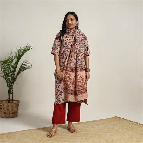 Beige Block Printed Cotton Kalamkari Kurta Set