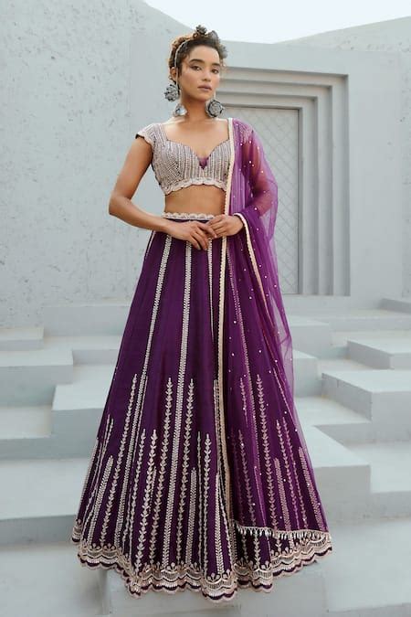 Buy Purple Raw Silk And Net Embroidery Zardozi Sweetheart Floral Linear ...