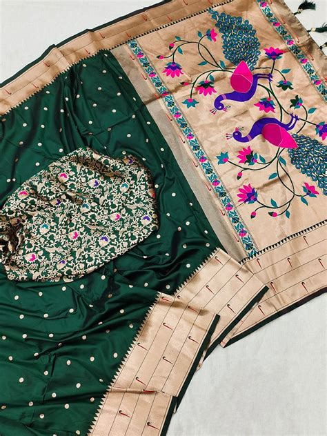 Ravishing Dark Green Paithani Silk Saree With Elision Blouse Piece ...
