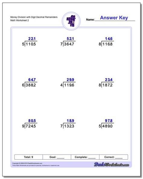 https://www.dadsworksheets.com : Money Division Worksheet with Digit ...