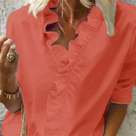 chemisier pour femme chemise col en v bordure laitue uni moderne col en ...