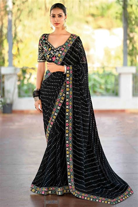 Black Bandhani Printed Georgette Saree With Sparkling Sequin Embroider