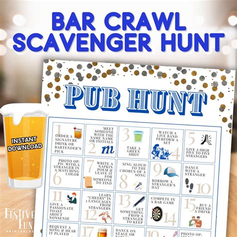Bar Crawl Bingo Pub Scavenger Hunt, 21+ Adult Printable Game for ...