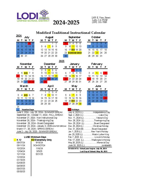 Lodi USD Instructional Calendar 2024-25 - July August September October ...