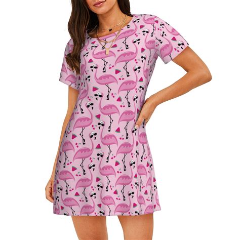Bingfone Cool Flamingos Nightgowns for Women Sleep Shirts Short Sleeve ...
